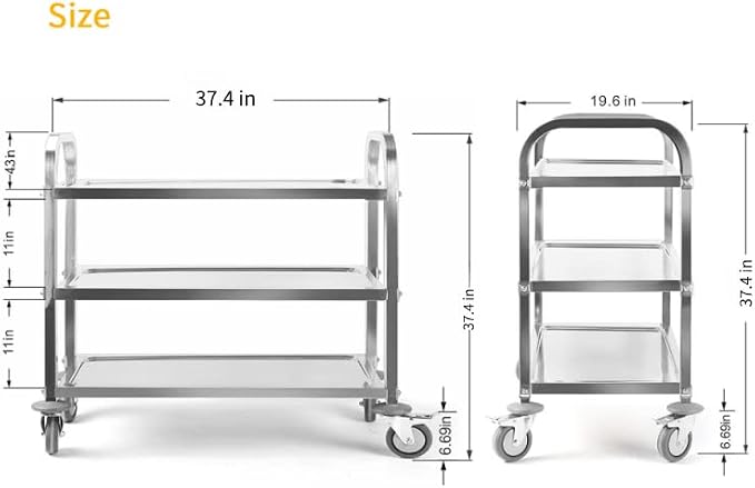 Nisorpa 3 Tier Kitchen Rolling Cart, Stainless Steel, 37 x 20 x 37 Inch | Utility Cart with Wheels, Serving Trolley, Catering Storage Shelf, 2 Lockable Wheels, For Hotel, Restaurant, Home Use