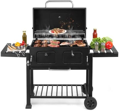 Portable Charcoal Grill 40" - Heavy-Duty Outdoor BBQ Smoker with Thermometer & Access Doors, Perfect for Camping, Beach, Garden, Patio & Backyard, 155.5x49x101cm, Black