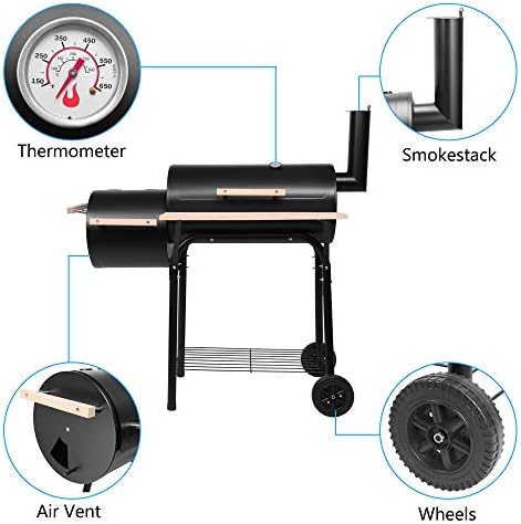 Portable Charcoal Grill 44x25x44in - Heavy-Duty BBQ with Thermometer & Doors, Perfect for Camping, Beach, Garden, Patio & Backyard - Black Outdoor Grill