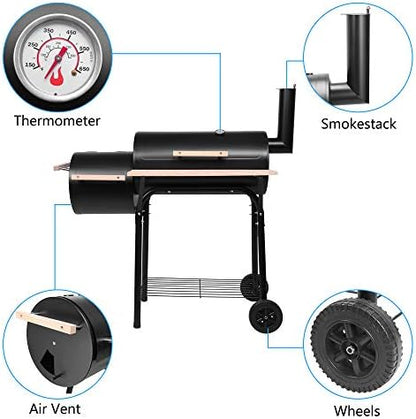 Portable Charcoal Grill 44x25x44in - Heavy-Duty BBQ with Thermometer & Doors, Perfect for Camping, Beach, Garden, Patio & Backyard - Black Outdoor Grill
