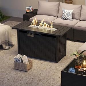 Aoxun 44" Propane Fire Pit 50,000 BTU Outdoor Wicker Fire Table with Wood-grainTabletop Patio Rectangular 2-in-1 Gas Fire Pit Table with Firepit Lid and Waterproof Cover（Black Rattan& Black Tabletop）