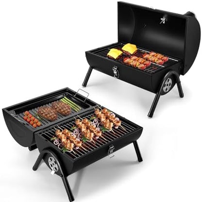 Portable Charcoal Grill with Thermometer & Small Tabletop Barbecue Grill, Joyfair Barbecue Grill for Outdoor Camping Backyard Party BBQ, Small Grill with Food Tray & Rack (2 IN 1 Double-Sided)