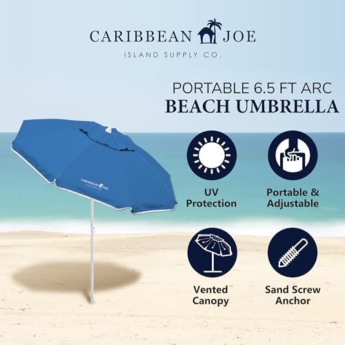 Caribbean Joe Beach Umbrella, Portable and Adjustable Tilt Sun Umbrella with UV Protection, Vented Canopy, Full 6.5 ft Arc