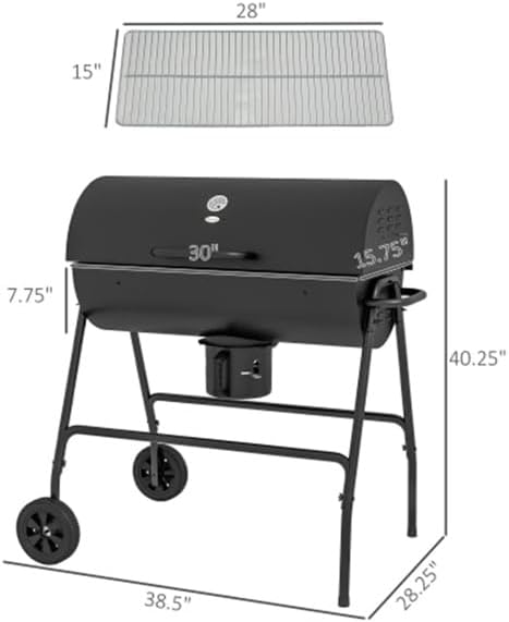 Portable Charcoal BBQ Grill with Wheels – Heavy-Duty Outdoor Barbecue Smoker for Backyard, Camping, Patio & Picnic – Adjustable Air Vents & Thermometer, Easy Assembly, Black