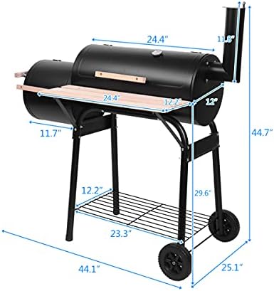 Barbecue Grill Cookers Grill Oil Drum Charcoal Furnace (500-600 Degrees) Charcoal Grill and Offset Smoker Portable Backyard Steel BBQ Oven with Wheels Outdoor Patio Barbecue Cooker with Side Fire Box for Camping Picnic Party