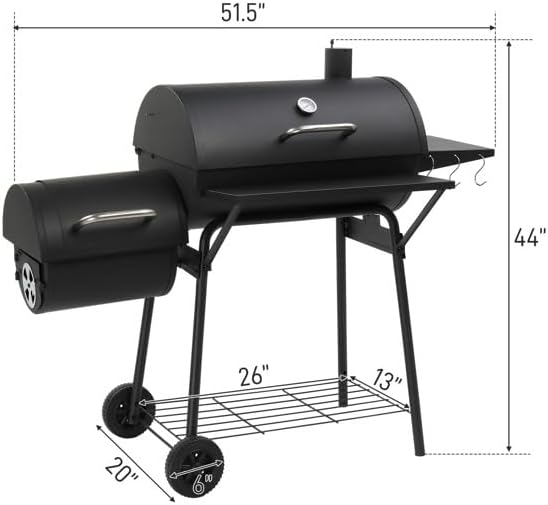 Black Charcoal Grill With Side Table, Mobile BBQ Grill With Wheels, Outdoor Charcoal Barbecue Grill with Wheels for Garden, Camping,Outdoor Grilling Station, Barbecue With Side Table (51INCH)