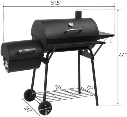 Black Charcoal Grill With Side Table, Mobile BBQ Grill With Wheels, Outdoor Charcoal Barbecue Grill with Wheels for Garden, Camping,Outdoor Grilling Station, Barbecue With Side Table (51INCH)
