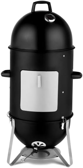 Vertical Steel Charcoal Smoker, Heavy Duty Three Layer Round BBQ Grill Fuel Efficient Cooker for Outdoor Cooking, Black (Tall Vertical 3 Tier Smoker)