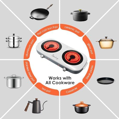 Davivy Hot Plate Electric Double Burner,1800W Rapid Heating Portable Cooktop with 7.9inch Crystallite Ceramic Glass Top,Flexible Temperature Settings,Lightweight Design for Cooking (Double-White)