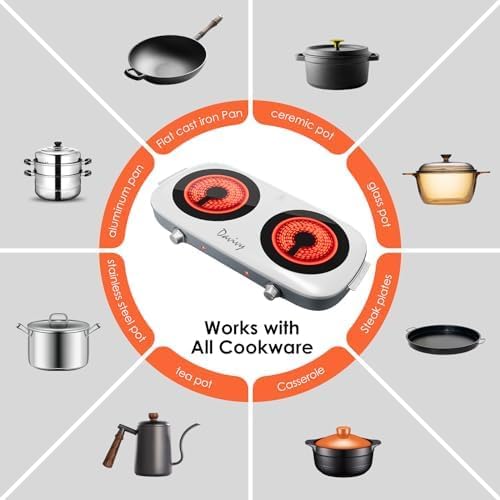 Davivy Hot Plate Electric Double Burner,1800W Rapid Heating Portable Cooktop with 7.9inch Crystallite Ceramic Glass Top,Flexible Temperature Settings,Lightweight Design for Cooking (Double-White)