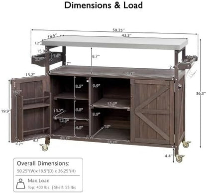 Bellemave Outdoor Kitchen Island with Stainless Steel Top, Rolling Bar Cart & Storage Cabinet, Outdoor Grill Cart with Spice & Towel Rack, Rolling Island Table for Kitchen & BBQ, Dark Brown