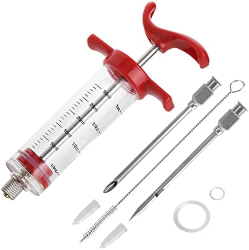 Premium Meat Injector, Marinade Injector Syringe with 2 Meat Needles for BBQ Grill Smoker, Turkey and Cooking 1-oz Capacity, 2 Stainless Needles, 1 Brush, Red