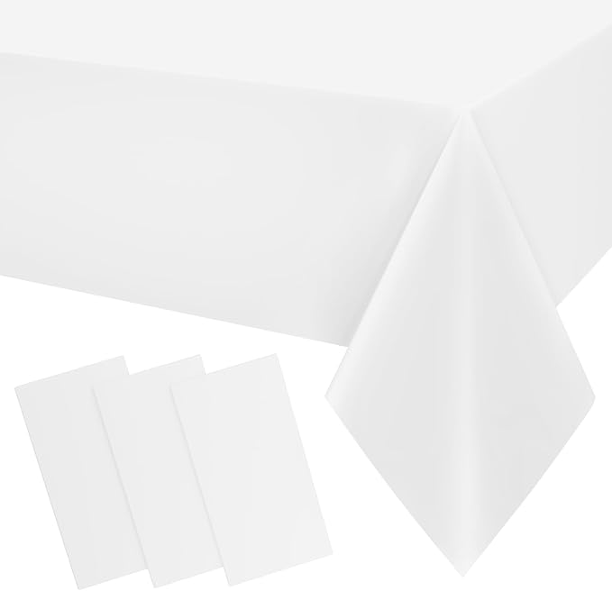 Smiry Disposable Table Cloth 3 Pack, 54 x 156 Inch Waterproof Plastic Tablecloth, Decorative Rectangle Table Covers for Party, Birthday, Picnic, White
