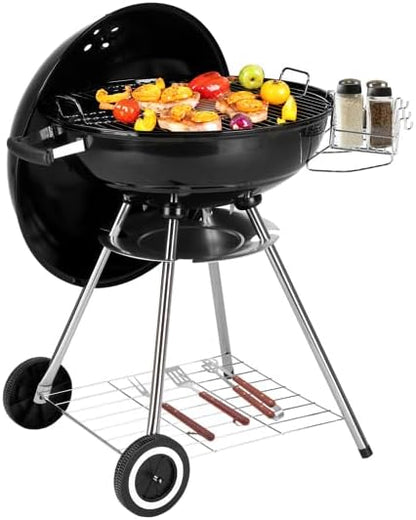 28-Inch Round Portable Barbecue Kettle Charcoal Grill with Wheels Storage, Porcelain-Enameled Lid and Ash Catcher & Thermometer, 28-Inch Portable Grill)