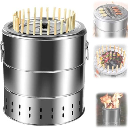 Smokeless Charcoal Barrel Grill,Stainless Steel Kebab Grill,with 28 Skewers/Grill Grate, for Camping, Picnics, Backyard Barbecues (B)