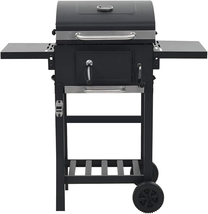 Charcoal BBQ Grill with Dual Side Tables, Outdoor Heavy Duty Barbecue Smoker with Integrated Thermometer, 2 Castors, Bottom Storage Shelf, Black