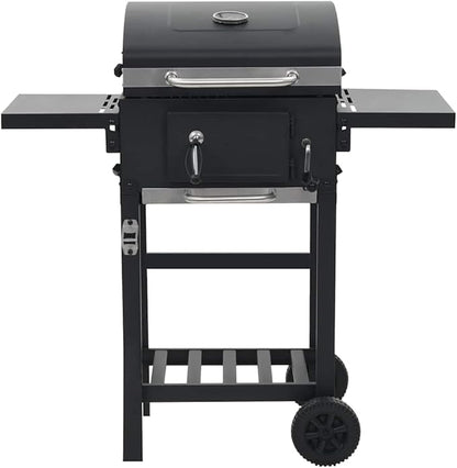 Charcoal BBQ Grill with Dual Side Tables, Outdoor Heavy Duty Barbecue Smoker with Integrated Thermometer, 2 Castors, Bottom Storage Shelf, Black