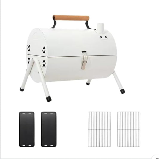 Portable Charcoal BBQ Grill, 16.7x11.4x11.6 inches, Foldable Steel Construction with Ash Pan, Smokeless Design for Camping and Outdoor Cooking (Circular oven [White])