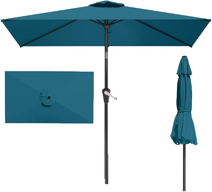 6.5' x 10' Rectangular Patio Umbrella Large Outdoor Market Umbrella w/UV Protection, Push Button Tilt and Crank Lift, Rectangle Table Umbrella for Garden, Deck, Pool, Patio, Lake Blue