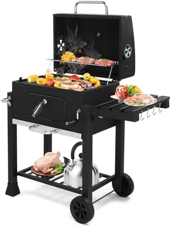 Portable Charcoal Grill 40" - Heavy-Duty Outdoor BBQ with Thermometer & Dual Doors, Perfect for Camping, Beach, Garden, Patio & Backyard - Black 116x57x108cm