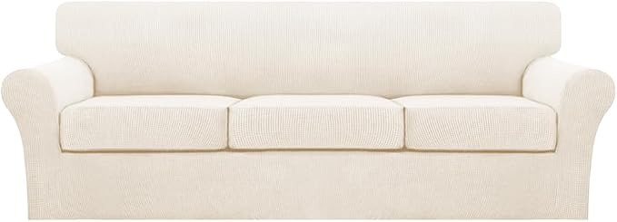 Turquoize 4 Piece Sofa Covers for 3 Cushion Couch Sofa Slipcover Soft Couch Cover for Dogs Washable Furniture Cover with 3 Individual Large Cushion Covers Feature Fabric (Large Sofa, Cream)