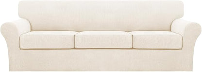 Turquoize 4 Piece Sofa Covers for 3 Cushion Couch Sofa Slipcover Soft Couch Cover for Dogs Washable Furniture Cover with 3 Individual Large Cushion Covers Feature Fabric (Large Sofa, Cream)
