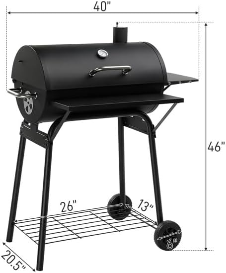 Black Charcoal Grill With Side Table, Mobile BBQ Grill With Wheels, Outdoor Charcoal Barbecue Grill with Wheels for Garden, Camping,Outdoor Grilling Station, Barbecue With Side Table (39INCH)