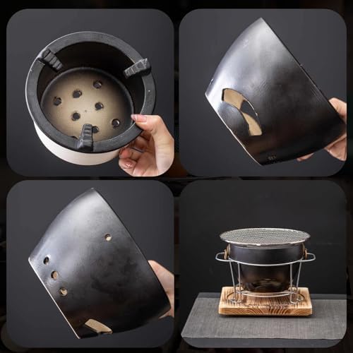 1Set Clay Charcoal Stove, Indoor Pottery Barbecue Stove, Tabletop Pottery Fire Stove, with a Wooden Pads and Grill, Metal Mesh, for Cooking Tea Stove(Black)
