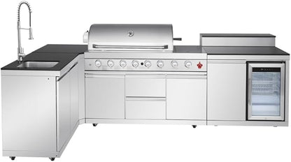 6-Burner 99000 BTU Stainless Steel Outdoor Kitchen Island Grill with Sink, Storage Cabinet, Refrigerator and Three-Tier Corner Cabinet
