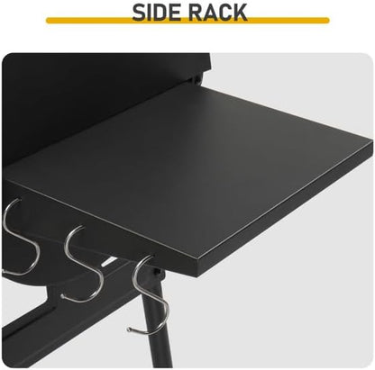 Black Charcoal Grill With Side Table, Mobile BBQ Grill With Wheels, Outdoor Charcoal Barbecue Grill with Wheels for Garden, Camping,Outdoor Grilling Station, Barbecue With Side Table (51INCH)