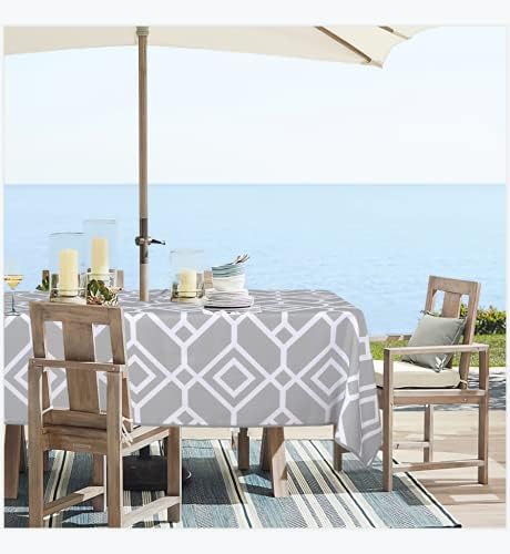 LUSHVIDA Moroccan Outdoor Tablecloth with Umbrella Hole and Zipper 60 x 102 Inch Silver, Rectangle Waterproof Wrinkle Free Table Cloth Decorative Fabric Washable Table Cover for Patio, Party, Picnic