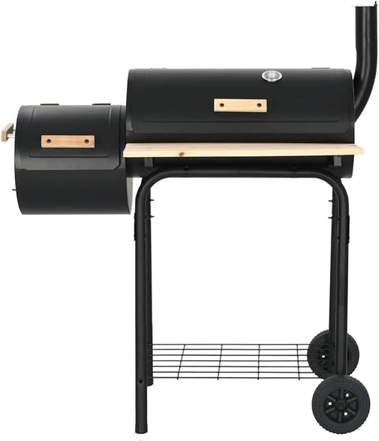 Charcoal Offset Smoker with Side Firebox, Thick Metal Body for Heat Retention, Integrated Thermometer, Front Shelf and Storage Shelf, 2 Wheels for Easy Mobility, BBQ Smoker
