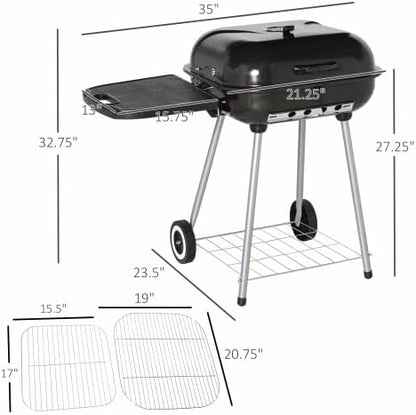 【kosevpou】21" Portable Charcoal Grill with Wheels and Bottom Shelf, BBQ Smoker with Adjustable Vents on Lid for Picnic Camping Backyard Cooking, Black,35 x 23.5 x 32.75 Inches
