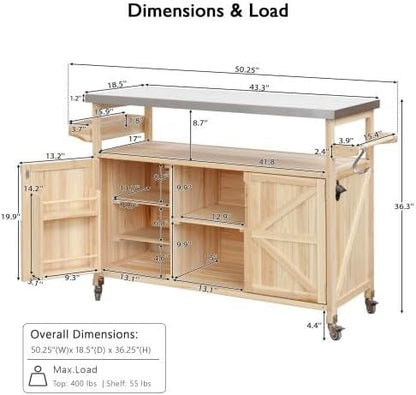Bellemave Outdoor Kitchen Island with Stainless Steel Top, Rolling Bar Cart & Storage Cabinet, Outdoor Grill Cart with Spice & Towel Rack, Rolling Island Table for Kitchen & BBQ, Natural