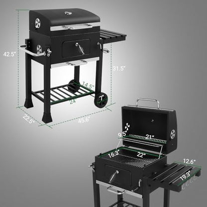 Portable Charcoal Grill 40" - Heavy-Duty Outdoor BBQ with Thermometer & Dual Doors, Perfect for Camping, Beach, Garden, Patio & Backyard - Black 116x57x108cm