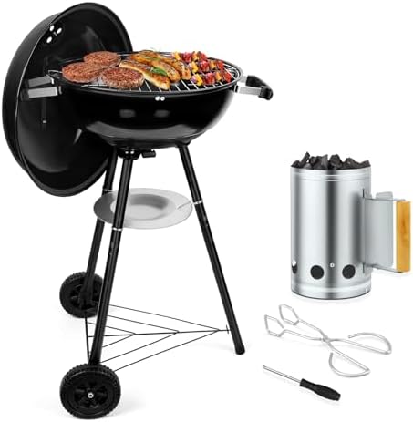 Joyfair 18 Inch Kettle Charcoal Grill with Charcoal Chimney Starter, Outdoor Barbecue Grill for Camping/Backyard/Tabletop Grilling, Portable Round Smoker with Wheels