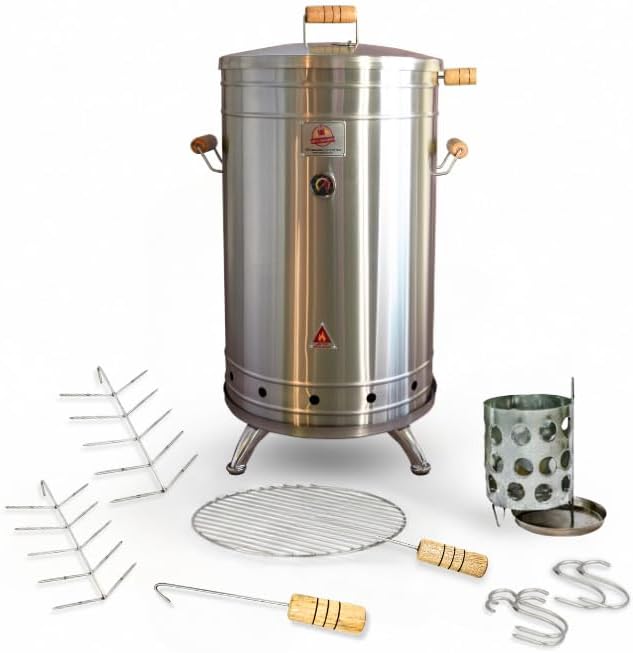 (50 Pound) 2-in-1 Smoker Barrel Vertical Grill - Premium 304 Stainless Steel - Big Barril Charcoal BBQ Thermometer & Ventilation - Cooking Accessories Meat Kit - Portable Outdoor, Camping - QUE ASADOR