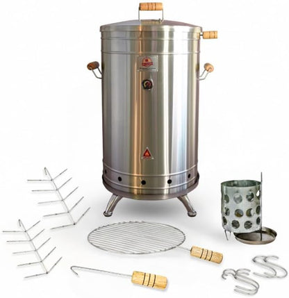 (50 Pound) 2-in-1 Smoker Barrel Vertical Grill - Premium 304 Stainless Steel - Big Barril Charcoal BBQ Thermometer & Ventilation - Cooking Accessories Meat Kit - Portable Outdoor, Camping - QUE ASADOR