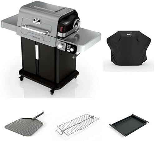 Ninja FlexFlame, Master Grill Pack, Electric & Propane 5-in-1 Cooking System Includes FlexFlame Premium Grill Cover, 16" Perforated Pizza Peel, Half Griddle, Expandable Roast & Smoke Rack
