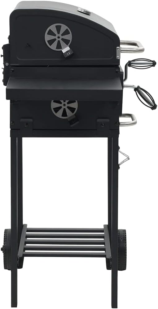 Charcoal-Fueled BBQ Grill,Charcoal BBQ Barbecue Grill Camping Stand for Outdoor Cooking Heavy Duty,for Tailgating Patio Backyard Camping and Anywhere,With 2 Wheels, with Bottom Shelf Black