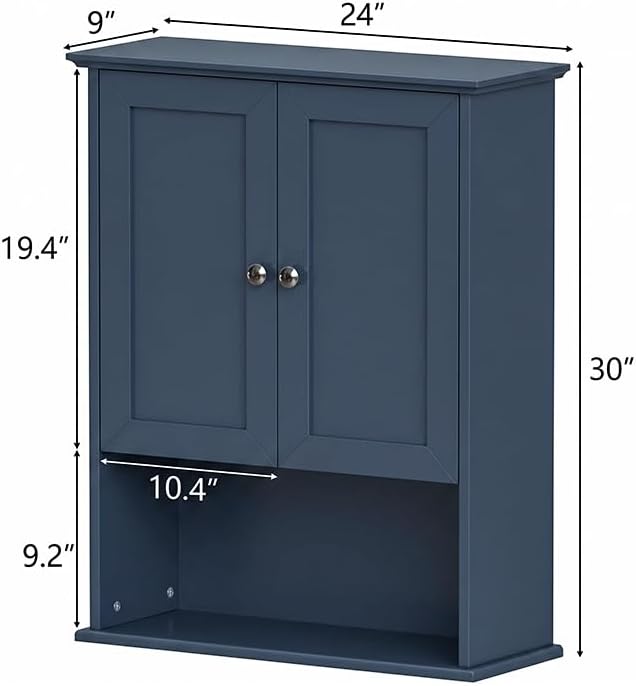 Medicine Cabinet, Over The Toilet Storage Cabinet, 24x30 Inch Wall Mount Bathroom Storage Cabinet with 2 Doors & Adjustable Shelf, Wooden Bathroom Wall Cabinet, Blue