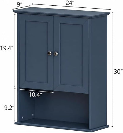 Medicine Cabinet, Over The Toilet Storage Cabinet, 24x30 Inch Wall Mount Bathroom Storage Cabinet with 2 Doors & Adjustable Shelf, Wooden Bathroom Wall Cabinet, Blue