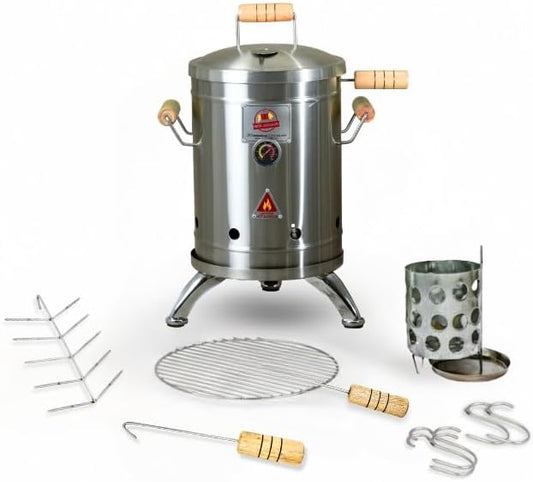 (9 Pound) 2-in-1 Smoker Barrel Vertical Grill - Premium 304 Stainless Steel - Mini Barril Charcoal BBQ Thermometer & Ventilation - Cooking Accessories Meat Kit - Portable Outdoor, Camping - QUE ASADOR