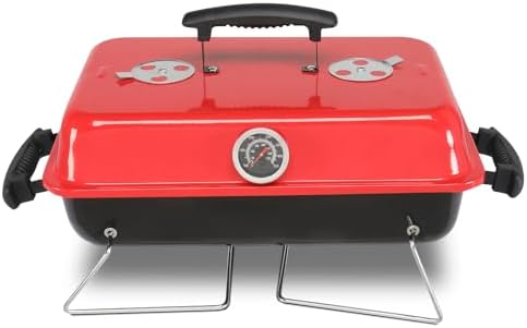 Portable Charcoal Grill 40" - Heavy-Duty Outdoor BBQ Smoker with Thermometer & Dual Doors, Perfect for Camping, Beach, Garden, Patio & Backyard, 53x27x27.5cm, Stylish Black & Red