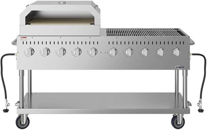Pemberly Row 72" Commercial Outdoor Propane Gas Grill with Dual 36" Pizza Ovens, 10-Burner Stainless Steel BBQ