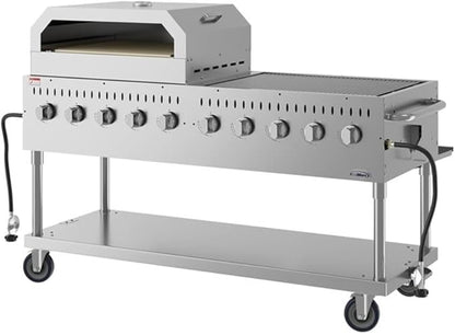 Pemberly Row 72" Commercial Outdoor Propane Gas Grill with Dual 36" Pizza Ovens, 10-Burner Stainless Steel BBQ