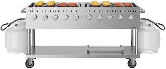 Pemberly Row 72" Commercial Mobile Outdoor Propane Gas Grill, Stainless Steel, Silver Finish, 16,000 BTU Burners, Rolling Caster Wheels, Heavy Duty Design for Restaurant or Home Outdoor Cooking