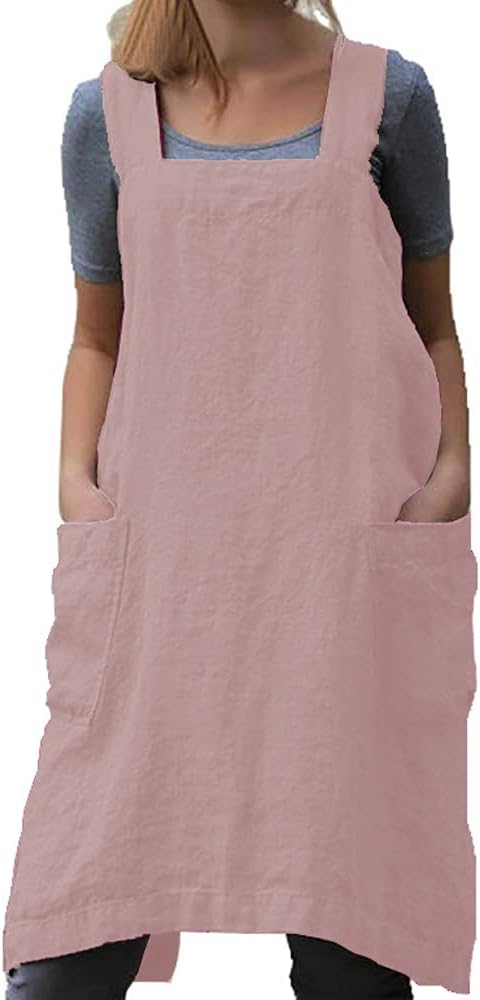 TBA Cotton Linen Apron Cross Back Apron for Women with Big Pockets Square Pinafore Dress for Baking Cooking BBQ & Grill