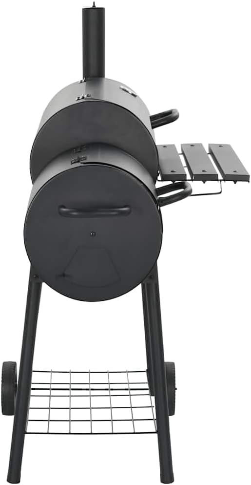 Charcoal Smoker Grill with Offset Firebox, Thick Metal Body, Integrated Thermometer, Front Shelf, Storage Shelf, and 2 Wheels for Outdoor BBQ