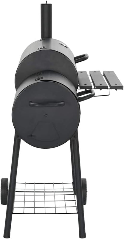 Charcoal Smoker Grill with Offset Firebox, Thick Metal Body, Integrated Thermometer, Front Shelf, Storage Shelf, and 2 Wheels for Outdoor BBQ